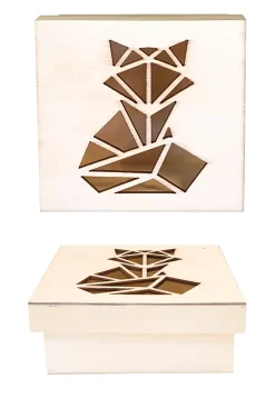 BOITE EN BOIS DECOUPE ORIGAMI RENARD 11.3 X 11.3 X 5CM