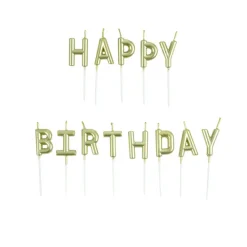 BOUGIES LETTRES HAPPY BIRTHDAY ET PIC PLASTIQUE H.3CM OR