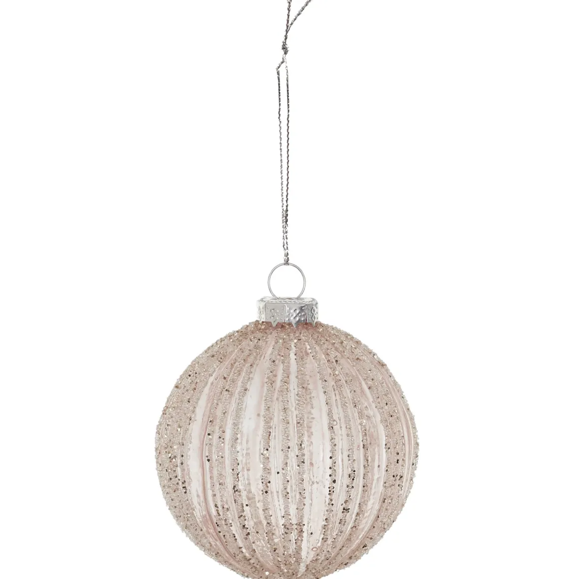 BOULE EN VERRE ROSE TRANSPARENTE PAILLETTES 8CM