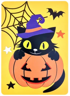 CARTE PUZZLE CHAT CITROUILLE ET GOMMETTES 16X22CM