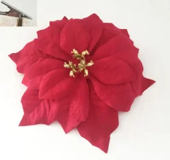 CLIP POINSETTIA VELOURS COEUR PAILLETE OR D.26CM ROUGE
