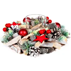 COURONNE PHOTOPHORE VERT ROUGE ET BOIS 24CM