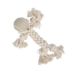 JOUET CORDE AVEC BONHOMME TETE BALLE TENNIS 25CM ECRU