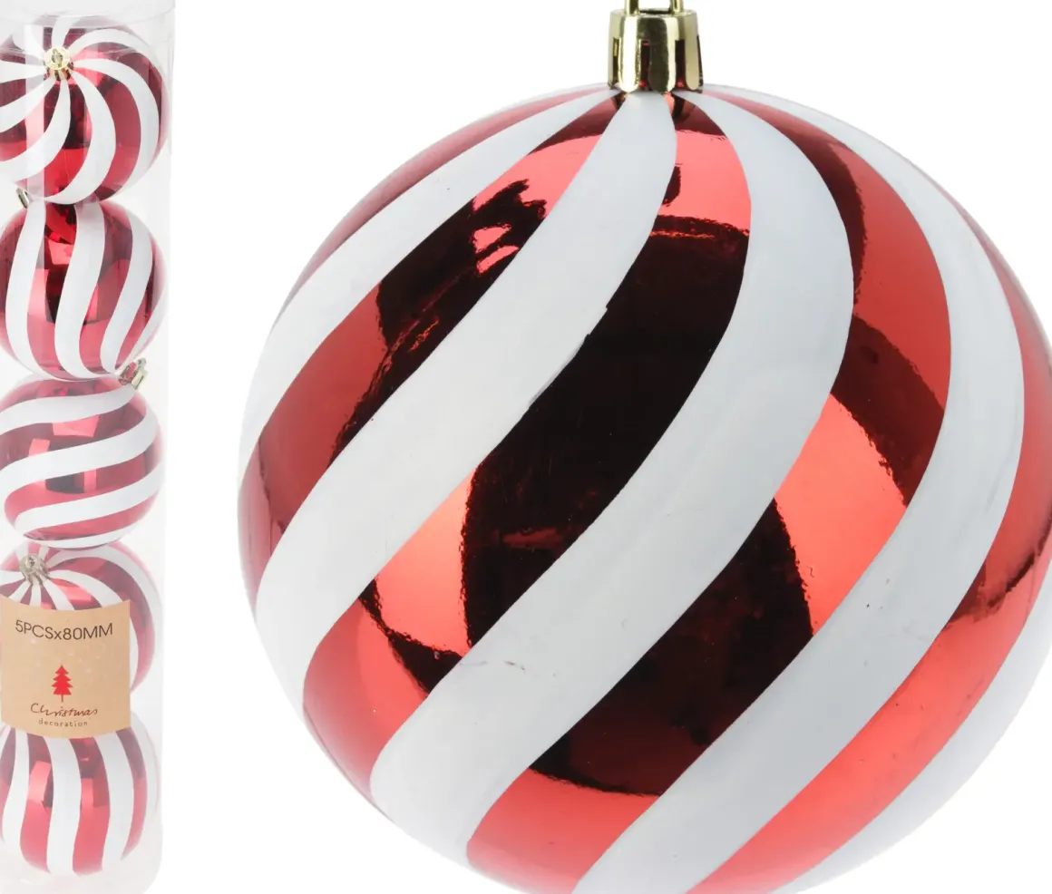 KIT 5 BOULES NOEL RAYE ROUGE ET BLANC D.8CM
