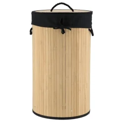 PANIERE LINGE RONDE PLIABLE BAMBOU TISSU LIN NOIR