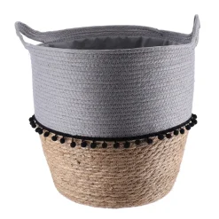 PANIERE RONDE DECO POMPONS D.37X43CM GRIS NATUREL