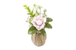 ROSE FLEURETTES ET FEUILLAGE DANS POT EN TOILE ROSE