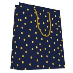 SAC CADEAUX POIS DORE CHAUD OR FOND MARINE 18X23CM