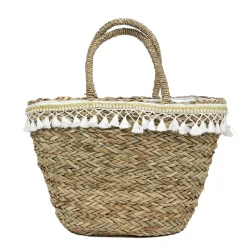 SAC DE PLAGE EN JONC DE MER POMPONS 51X29CM