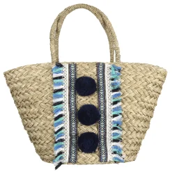 SAC DE PLAGE POMPOMS BLEUS 52X20X30CM