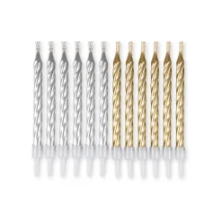 SET 12 BOUGIES ANNIVERSAIRE MAGIQUES SUPPORT H.6CM ARGENT OR