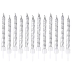 SET 12 BOUGIES METALLIQUES ARGENT AVEC SUPPORT H.6CM