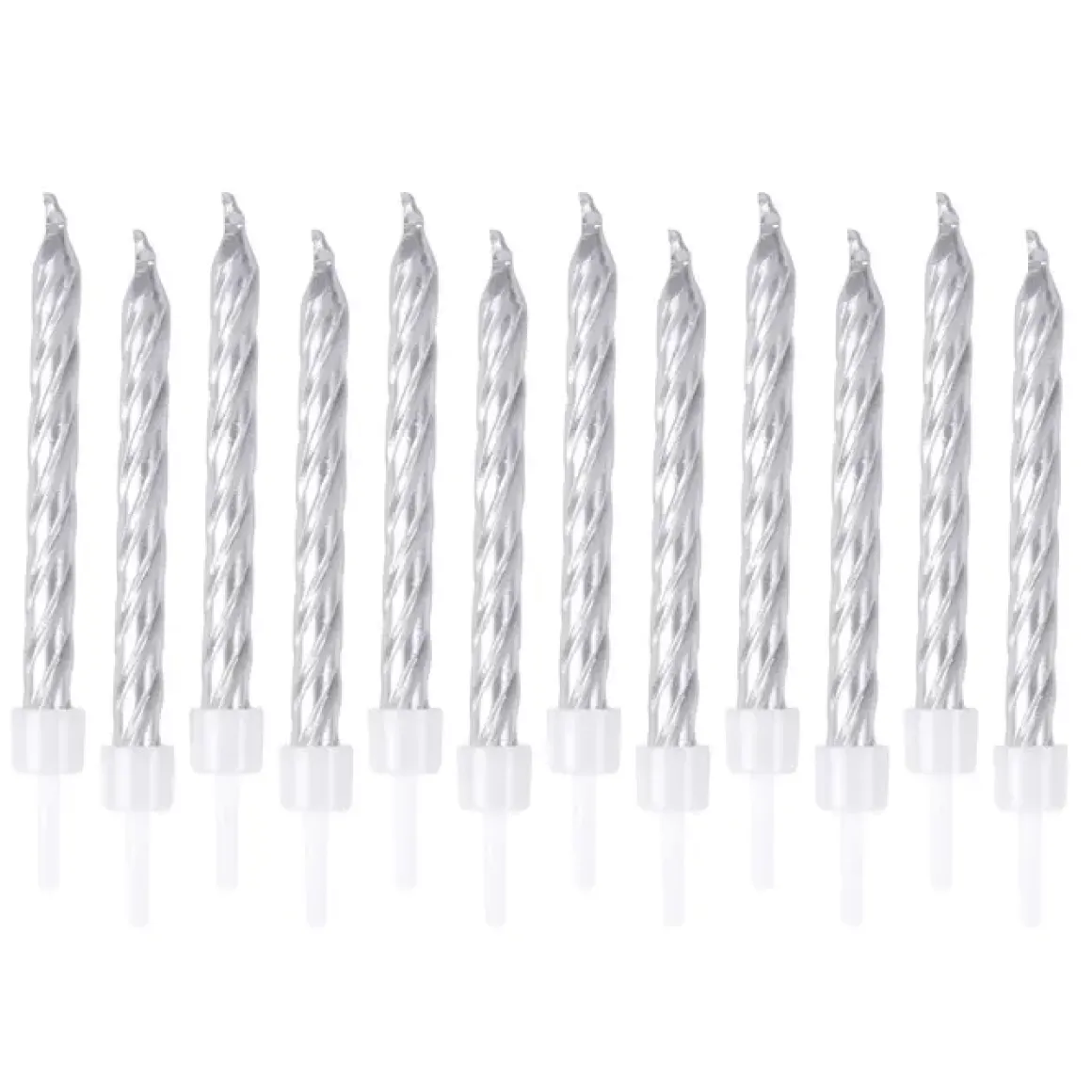 SET 12 BOUGIES METALLIQUES ARGENT AVEC SUPPORT H.6CM