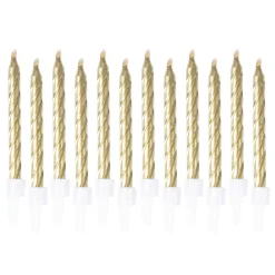 SET 12 BOUGIES METALLIQUES OR AVEC SUPPORT H.6CM