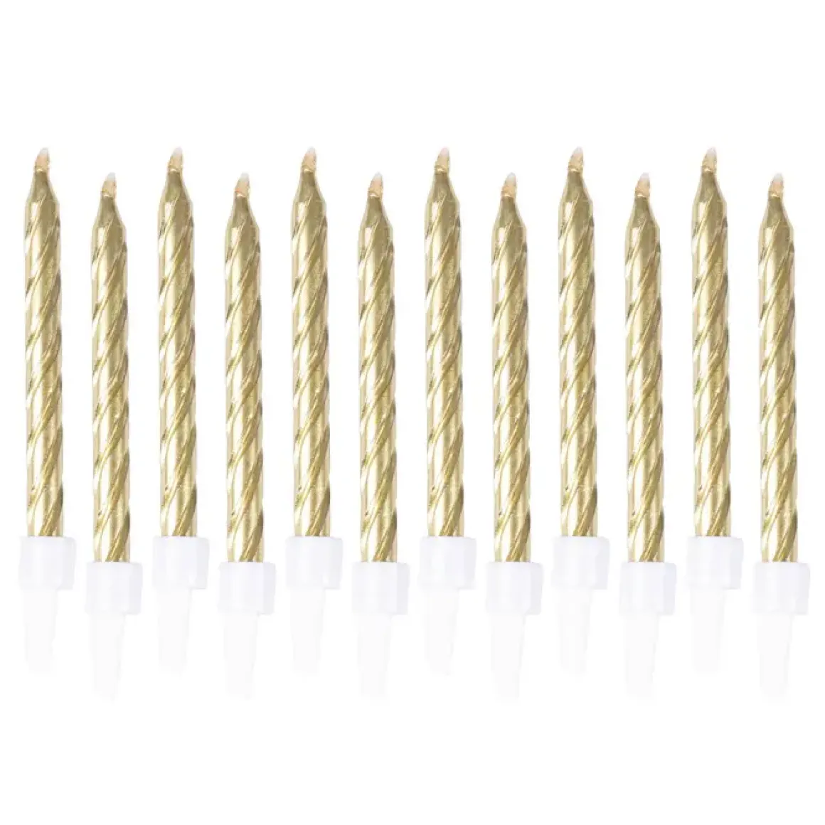 SET 12 BOUGIES METALLIQUES OR AVEC SUPPORT H.6CM