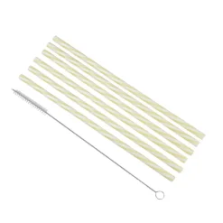 SET 6 PAILLES PLASTIQUE REUTILISABLE JAUNE BLANC ET BROSSE