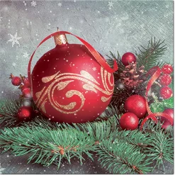 SET 20 SERVIETTES 3 PLIS 33X33CM BOULE ROUGE DE NOEL